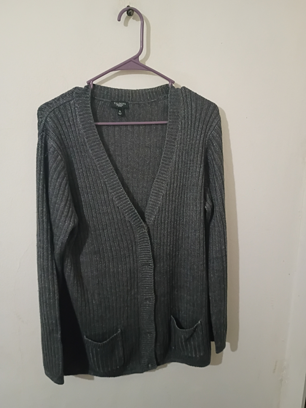 Talbots Linen Charcoal Ribbed Open-Front Cardigan - Picture 4 of 6
